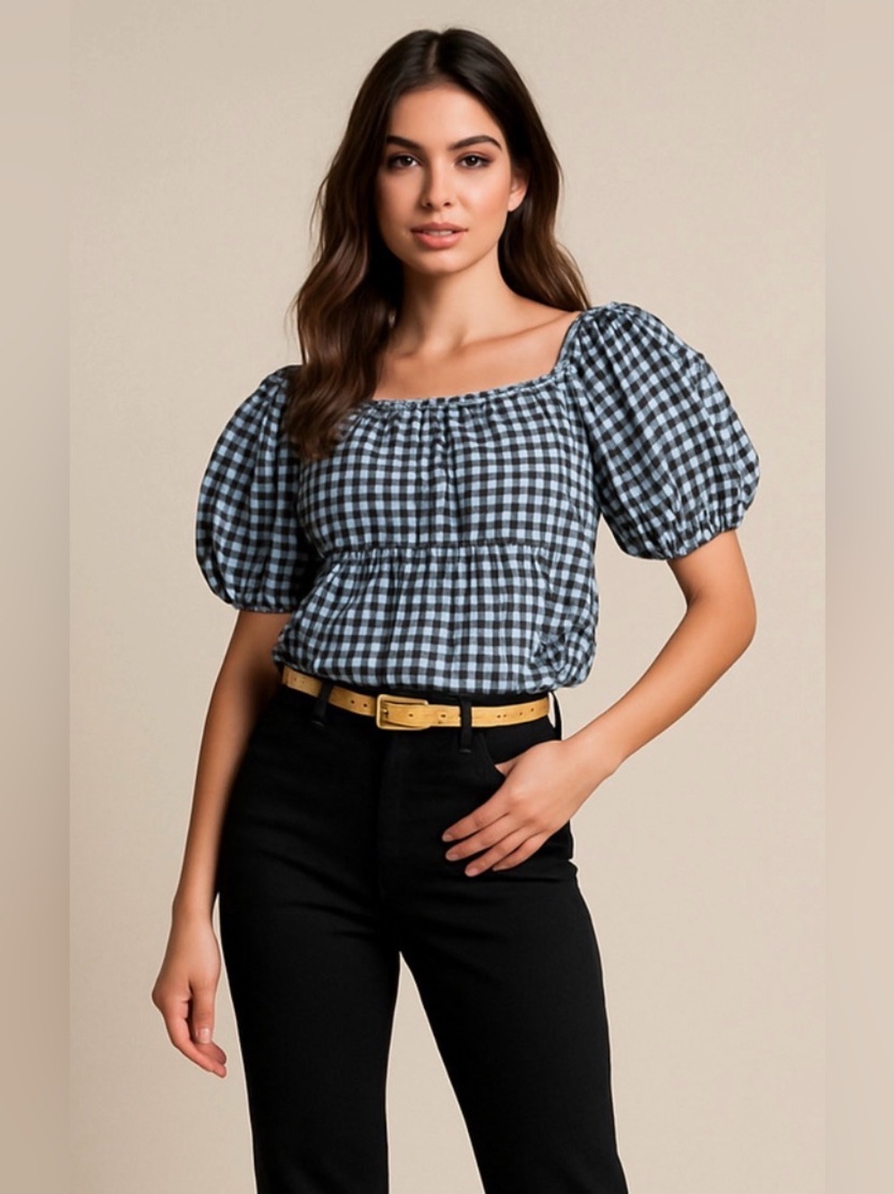 Old Navy Puffed Sleeve Black + White Gingham with Yellow Flower Top, Size S